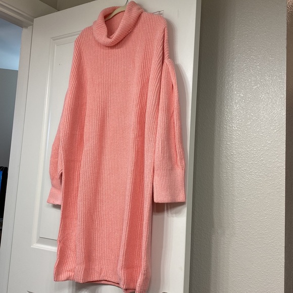 Free Assembly Cowl Neck 3X Pleated Shoulder Sweater Midi Dress Pink - Picture 10 of 15